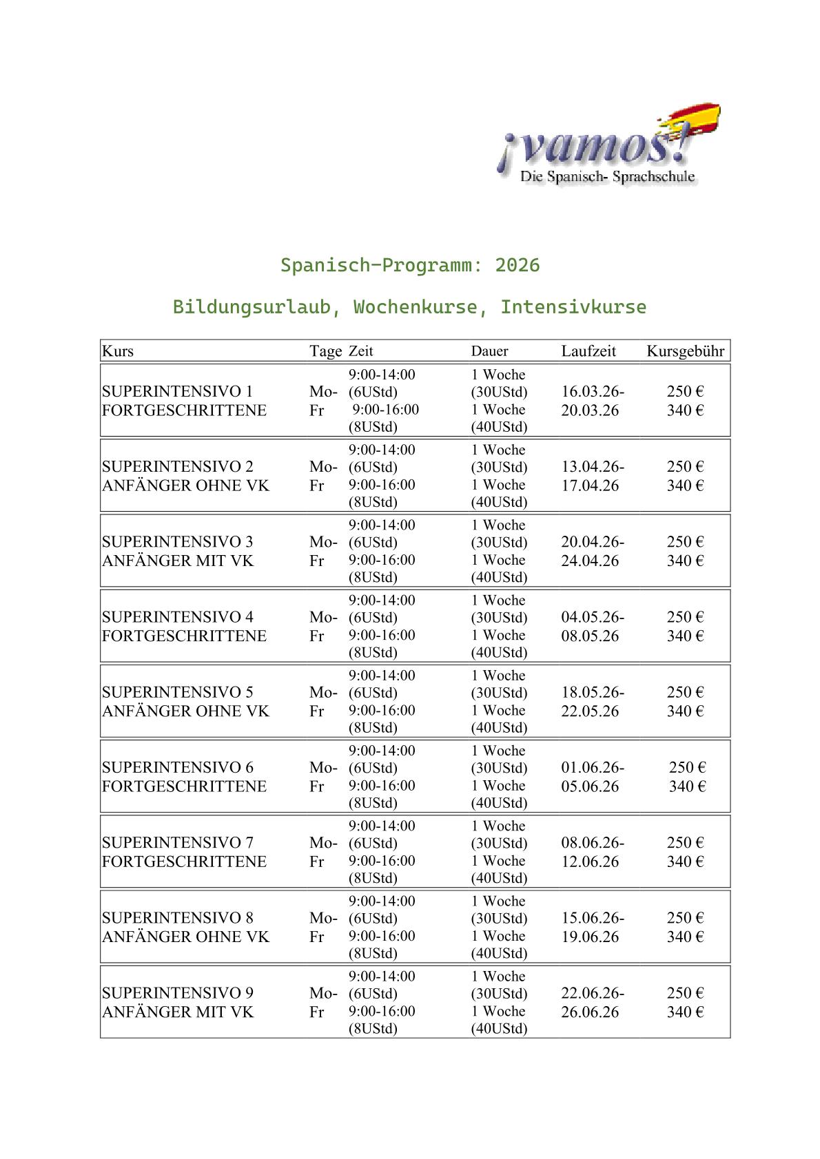 Bildungsurlaub, Intensivkurse, Spanisch