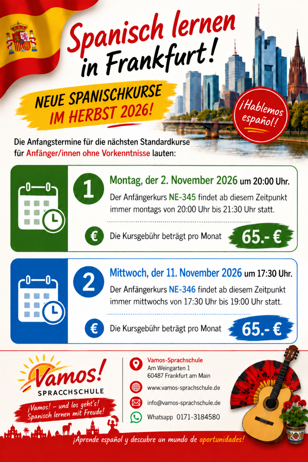 Spanisch-Anfängerkurse Herbst 2026: NE-345 ab 2. November und NE-346 ab 11. November. Je 65 Euro pro Monat.